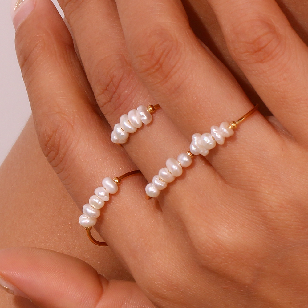 304 Stainless Steel Material Women's Stainless Steel PVD Coated 18K Gold Plated Pearl Geometric Rings Imitation Pearl Jewelry