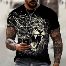 跨境爆款動物野獸獅子3D印花夏季男士圓領短袖T恤工廠直銷