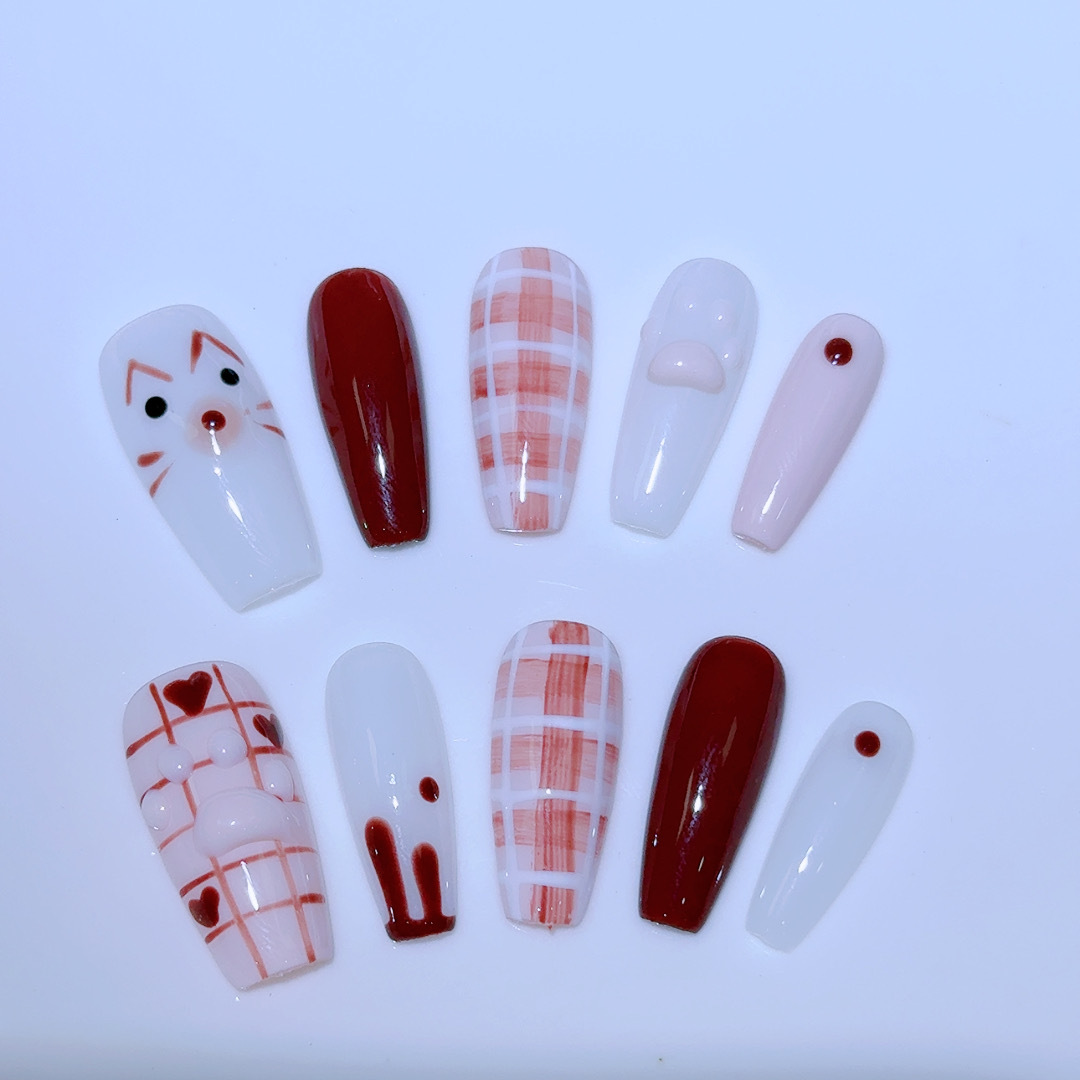Pintado a mano desgaste de uñas café Rosa chocolate blanco fresa meow suave lindo serie extraíble falso clavo parche de uñas