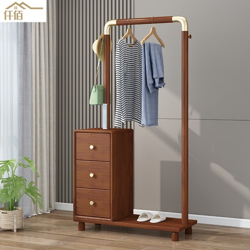 Modern Minimalist Chinese-style Solid Wood Wardrobe Rack with Drawers, Bedroom Clothes Drying Rack, Floor Storage and Display Shelf with Night Light