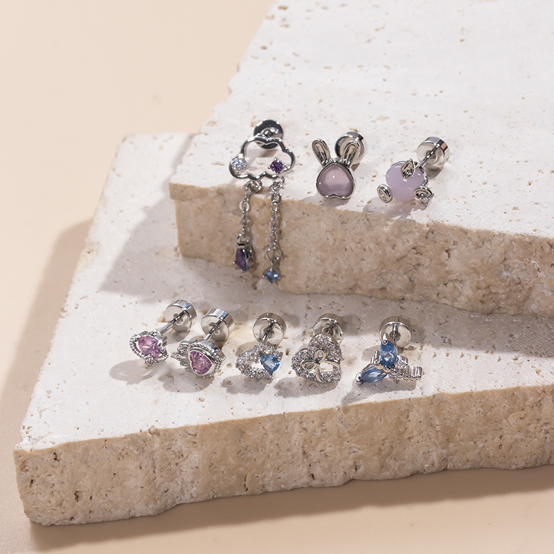 2PCS Neue Mode Earbone Studs Zirkon Herz Bogen Knoten Libelle Edelstahl Dünne Stange Einzigen Kopf Runde Kuchen Schraube ohrnägel_voghion.com
