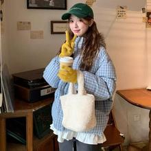 2025新款连帽羽绒棉服蓝色格子面包服冬季外套女短款棉服棉衣夹克