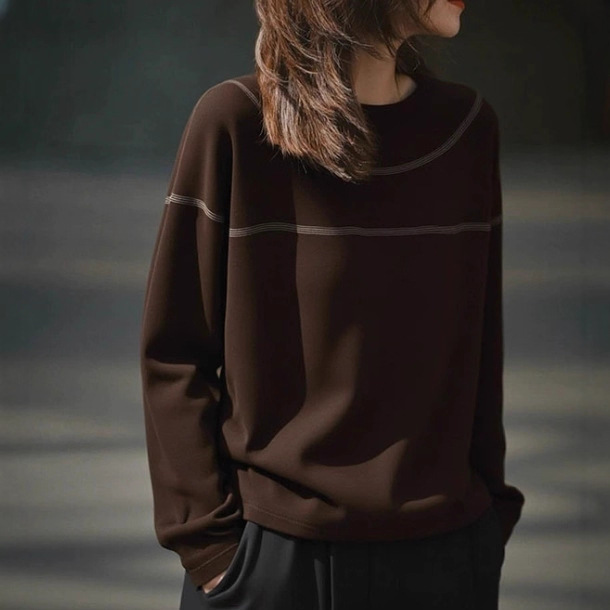 气质复古咖色圆领长袖针织衫女2025秋季新款高级宽松显瘦套头上衣