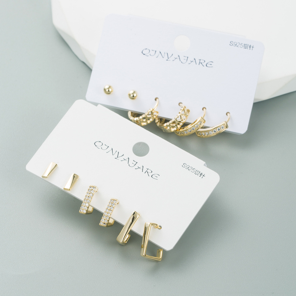 Fashion C Shape Square Copper Earrings Inlay Zircon Copper Earrings 3 Pairs