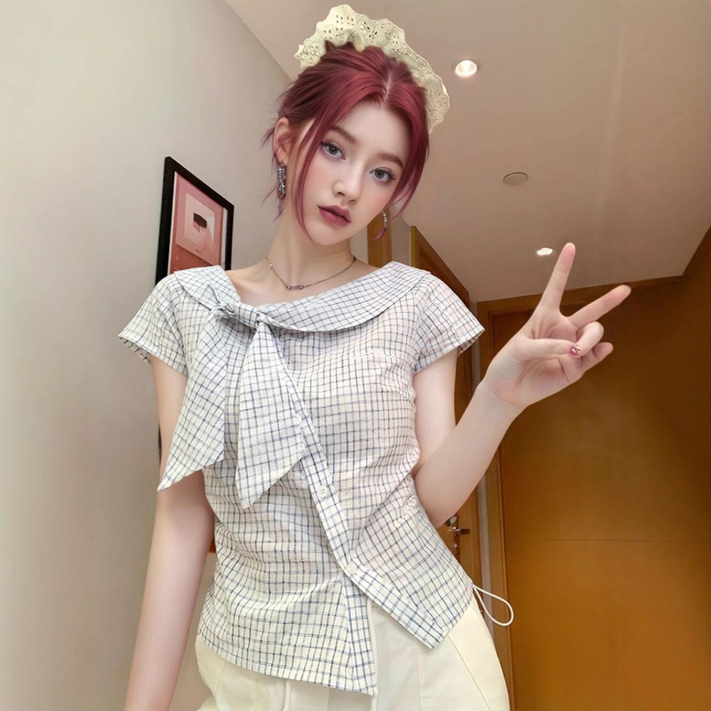 Cross-Border Foreign Trade Plaid Stylish Tie-Neck Short-Sleeve Shirt Women's T-Shirt Summer Sweet Slim-Fit Slimming Top for Trendy Girls