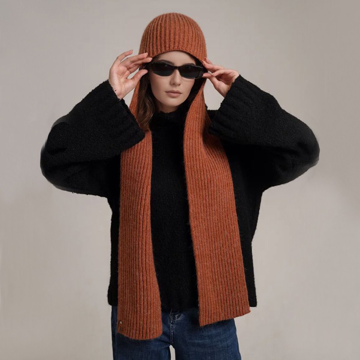El comercio exterior transfronterizo sensación de atmósfera cálida color sólido de punto bufandas con sombrero bufandas de cuello de una mujer bufandas de lana de otoño y invierno image 14
