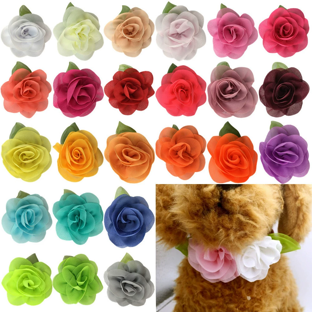 Трансграничный источник 6cm шифоновый листовой цветок роза домашнее животное ошейник тканый цветок котенок щенок декоративный цветок воротника