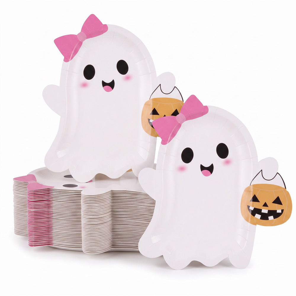 Food-grade glossy paper plates in pink tones with cute bow and ghost designs, Halloween-themed dessert presentation tableware