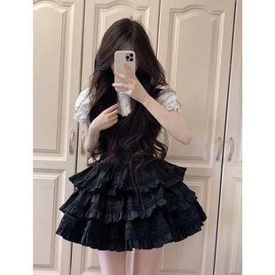 韓系甜美辣妹設計感套裝裙蕾絲拼接襯衣荷葉邊收腰蓬蓬裙吊帶裙潮