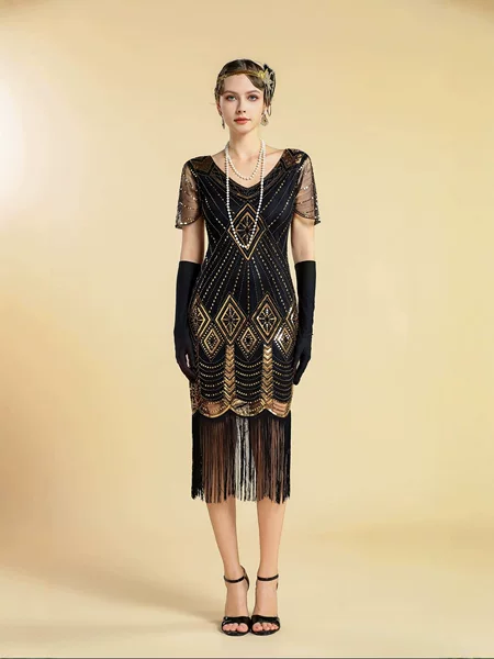 Sequin Short-Sleeved Dress 1920S Retro Gatsby High-End Banquet Party Tassel Dress Amazon Cross-Border