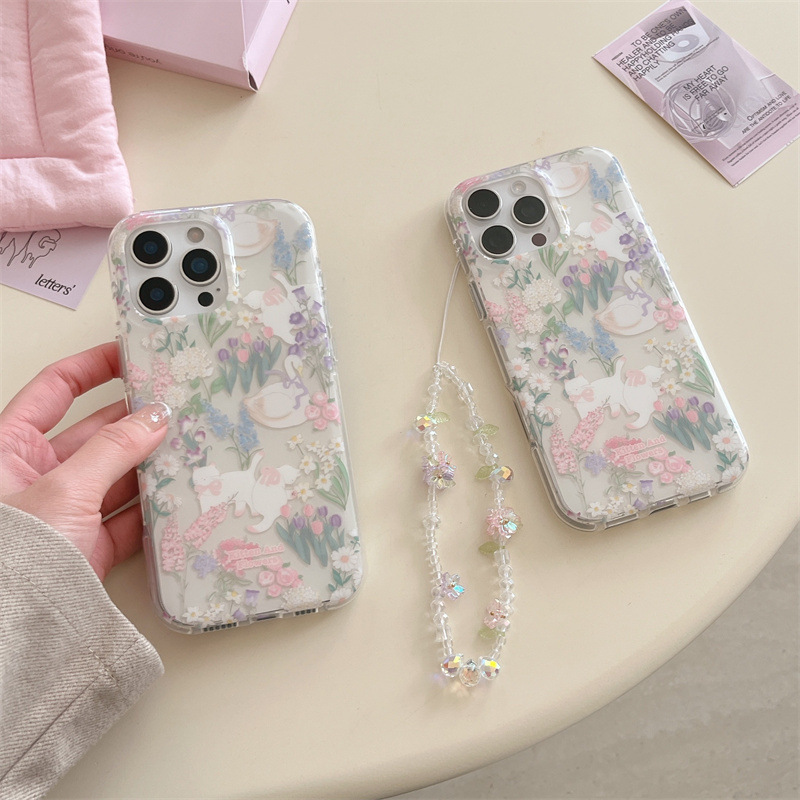 Pequeño gato de flores frescas para Apple 16ProMax funda para teléfono móvil cadena 15Pro 14 verano 15PM nuevo 14P