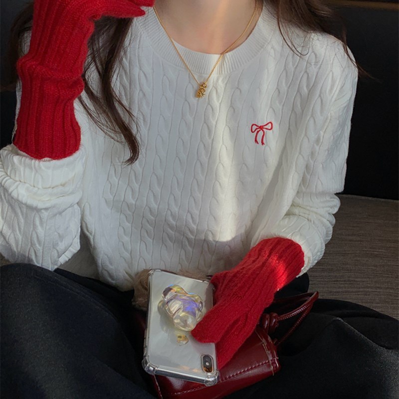 黄色低圆领针织毛衣女秋冬内搭2025新H款小香风上衣刺绣长袖打底|undefined