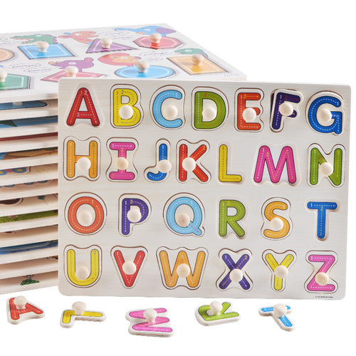 Cross-border wooden children's puzzle creative hand scratching board handle 3D three-dimensional alphabet animal Montessori early education building block toy