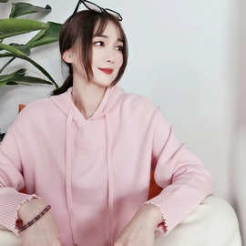 软糯加厚女士羊毛衫休闲连帽针织衫早秋新款减龄短款毛衣时尚