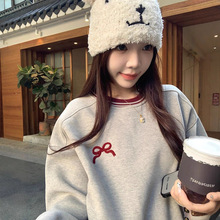 韩版慵懒风撞色蝴蝶结长袖卫衣女装秋冬新款休闲宽松百搭圆领上衣