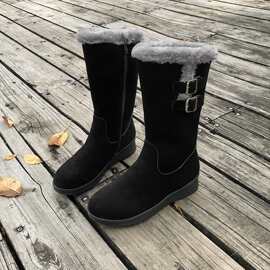 冬季百搭雪地靴女鞋加绒加厚中筒坡跟防滑保暖侧拉链棉靴子