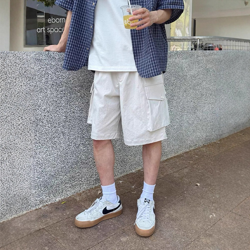 Off-White Large Pocket Cargo Shorts for Men, Casual Loose Sports Shorts, Summer Trendy Brand Boys' Half-Length Shorts