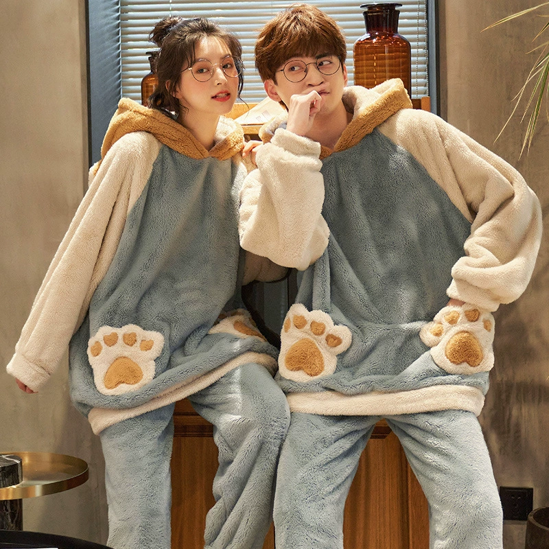 Домашняя одежда для пары из кораллового флиса, осенне-зимний костюм с высоким воротником, зимний холодостойкий фланелевый костюм с капюшоном, можно носить на улице