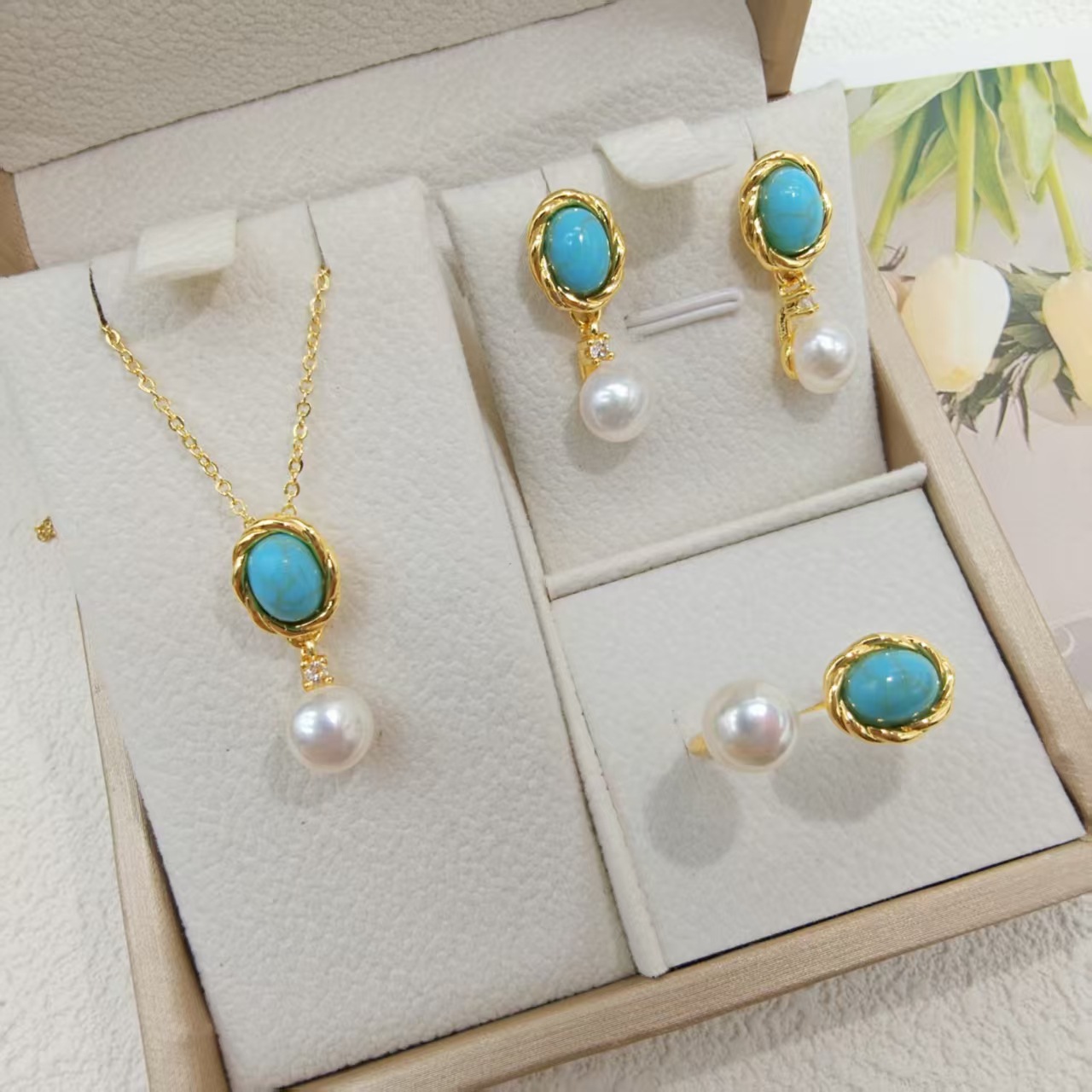 New Natural Freshwater Pearl S925 Silver Needle Earrings Turquoise Earrings Fashionable Versatile Earrings Popular Jewelry