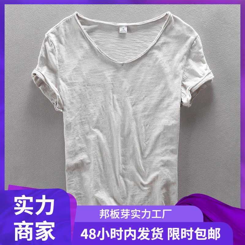 Jiaren European and American Street Style Men's Short-Sleeve Cotton Slub Cotton Hong Kong Style Trendy Men's V-Neck Ripped Edge Solid Color T-Shirt Wholesale