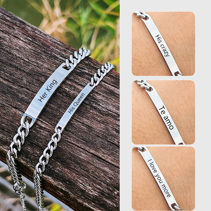 European and American Stainless Steel Engraved Couple Bracelet Set Ins Niche Her King Boys and Girls Valentine's Day Gift Trend