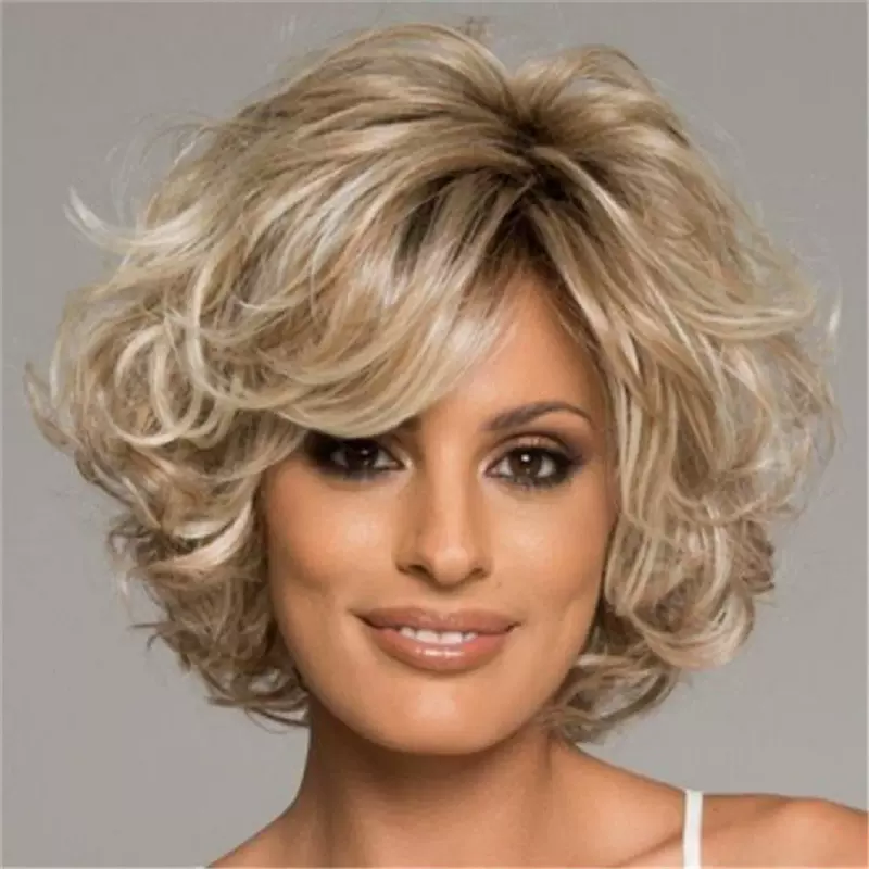 跨境电商假发欧美女士蓬松短卷发化纤头套网红浅金色deep短发现货