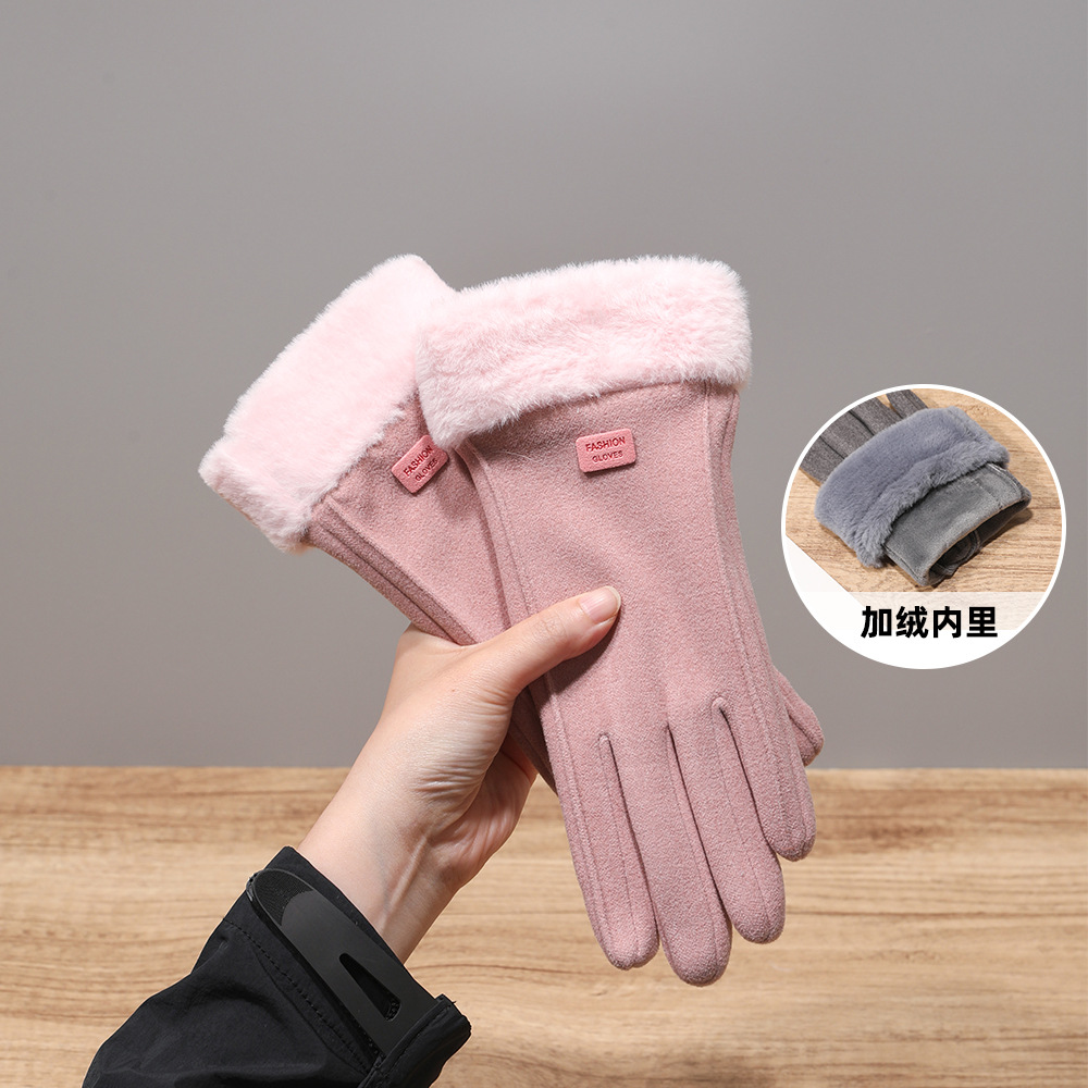 Agregar guantes de terciopelo para mujer, engrosamiento de otoño e invierno, conducción cálida, conducción fría, linda pantalla táctil, guantes cálidos de invierno de terciopelo de conejo