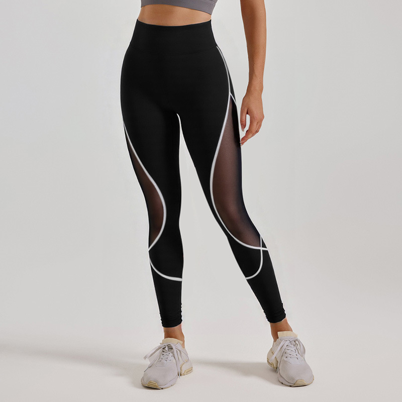 Pantalones de yoga de malla a juego de color de zona transfronteriza, costuras europeas y americanas, cintura alta, glúteos, pantalones deportivos para correr, mujeres