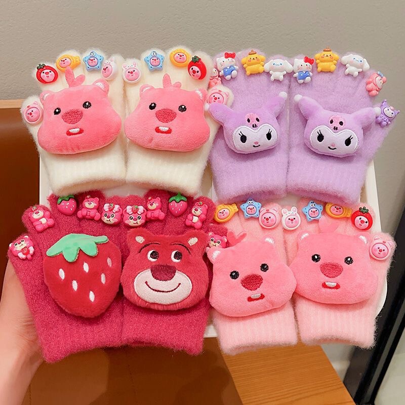 Kuromi Kidsren's Gloves Winter Warm Girls Cartoon Plush Five-Finger Gloves Baby Sanrio Windproof Finger Gloves