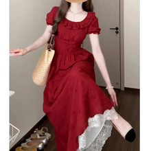 高ji感法式红色连衣裙子女装2025新款夏季气质收腰小个子绝美长裙