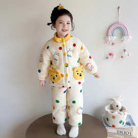 女童三层夹棉睡衣冬季女孩卡通加厚保暖套装女宝宝法兰绒家居服冬