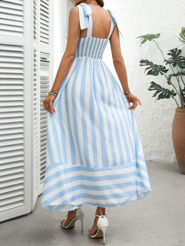 Spring and summer striped parquet suspender dress, high-waist fashion