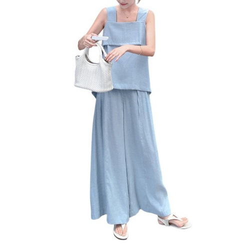 Blue Soft Tone Outfit Lightweight Top Set Women's Summer New Casual Wide Leg Pants Elegant and Graceful Two-Piece Set