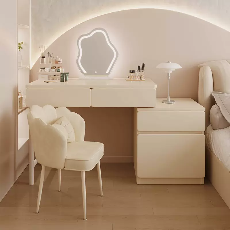 奶油风梳妆台床头柜一体桌子卧室简约现代化妆台女生主卧化妆斗柜