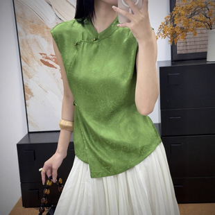 Irregular Rayon Top with Exquisite Jacquard, Skin-Friendly, Breathable V-Neck Sleeveless, Elegant Retro Chinese Versatile Blouse