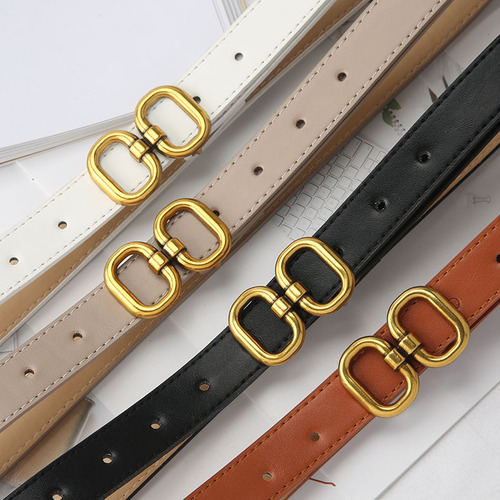Ancient gold double round snap buckle thin belt for women ins style and matching dress, suit, jeans belt