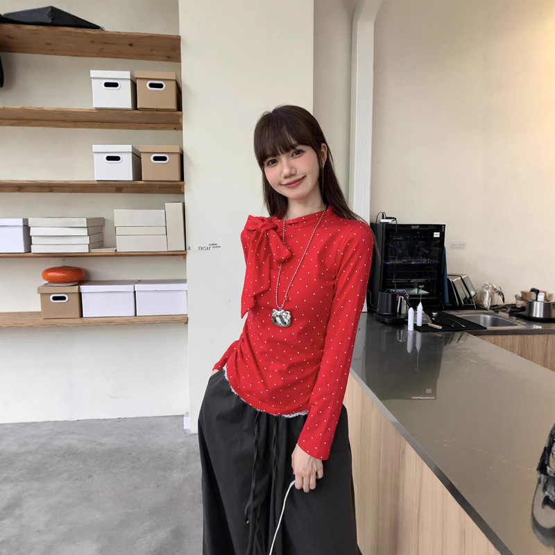 Retro Red Polka Dot Lace Short-Sleeved T-Shirt for Women Summer Right Shoulder Slimming Look Bow Tie Sexy Top Retro Red Polka Dot Lace Short-Sleeved T-Shirt for Women Summer Right Shoulder Slimming Look Bow Tie Sexy Top