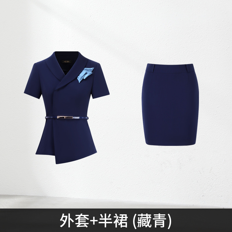 Short-sleeved navy suit + skirt (blue silk scarf)