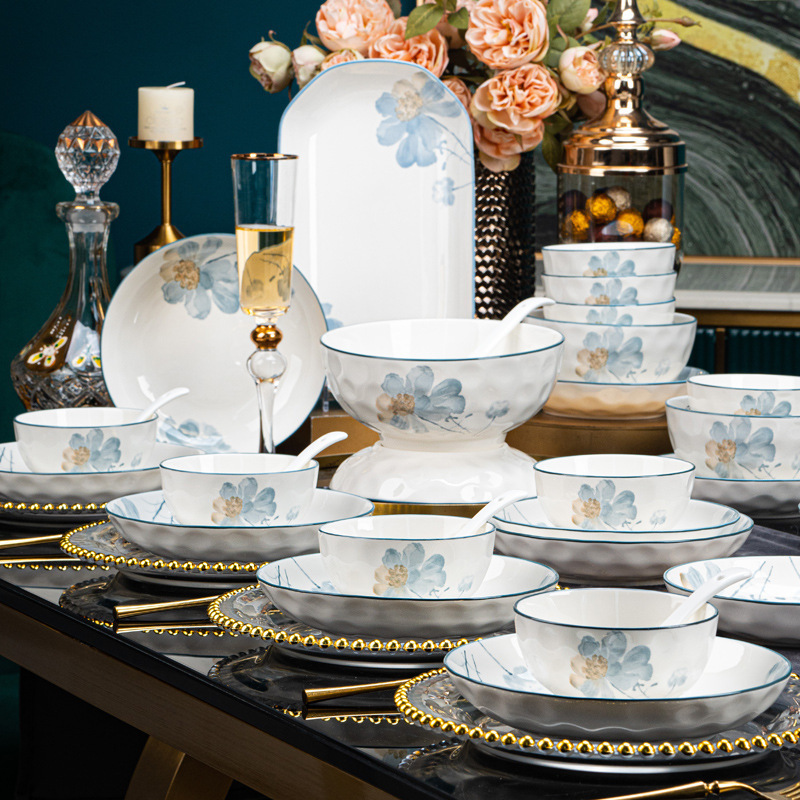 Japanese-Style Underglaze Colored Floral Ceramic Tableware Rice Bowl Noodle Bowl Plate Fish Plate Dish Set Home Self-Select Wholesale