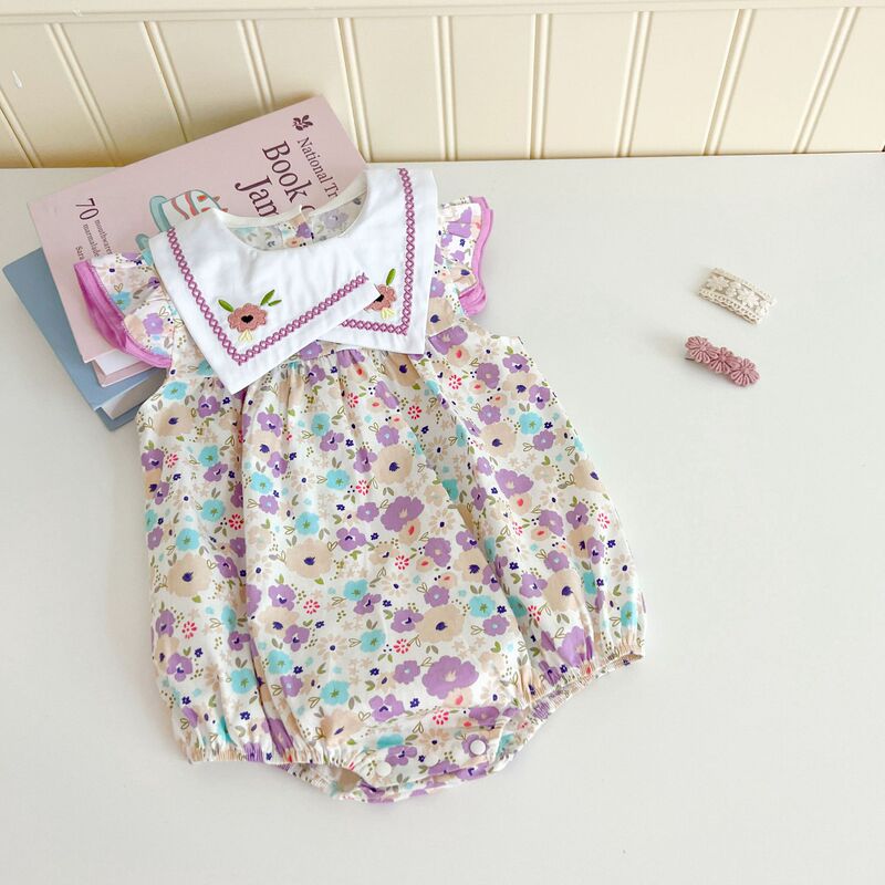 Baby's jumpsuit summer new female baby western style cute embroidered doll collar khaki climbing suit floral bag fart clothes
