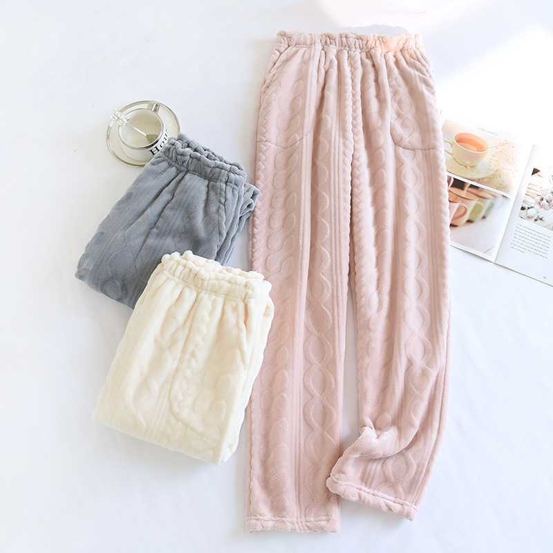 Autumn and Winter Flannel Pajama Pants Women's Thickened Coral Fleece Home Simple Casual Straight Pants for Outer Wear