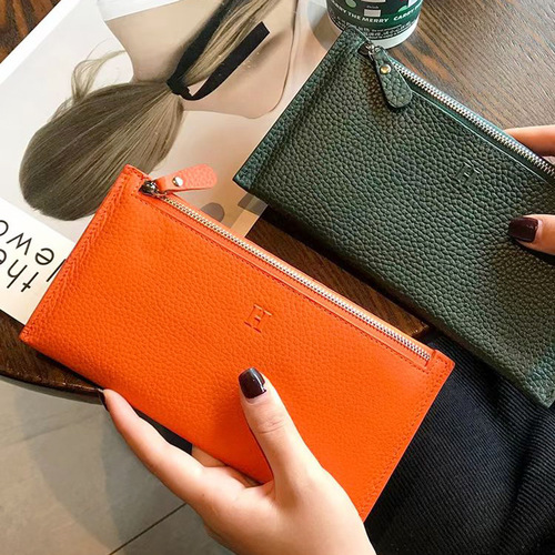 Cowhide wallet with H-shaped embossed print for women, new style zipper long wallet, casual pebbled pattern wallet