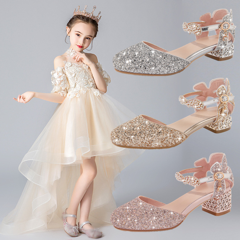 Girls' Sandals 2024 Summer New Fashion Children's High Heels Crystal Princess Shoes Baotou Children's Shoes