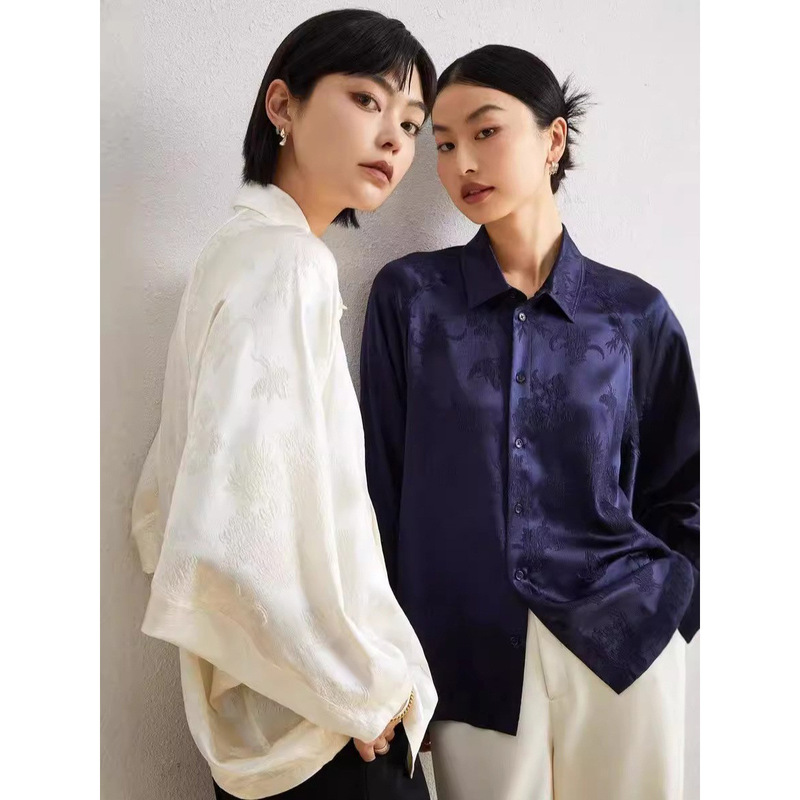 「Shili」Slim and Elegant Two-Tone Butterfly Floral Jacquard Mulberry Silk Satin Blouse for Women S2464