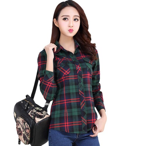 Korean-style checkered women's slim-fitting, figure-hugging cotton long-sleeved base shirt for students, large women's clothing, versatile outerwear