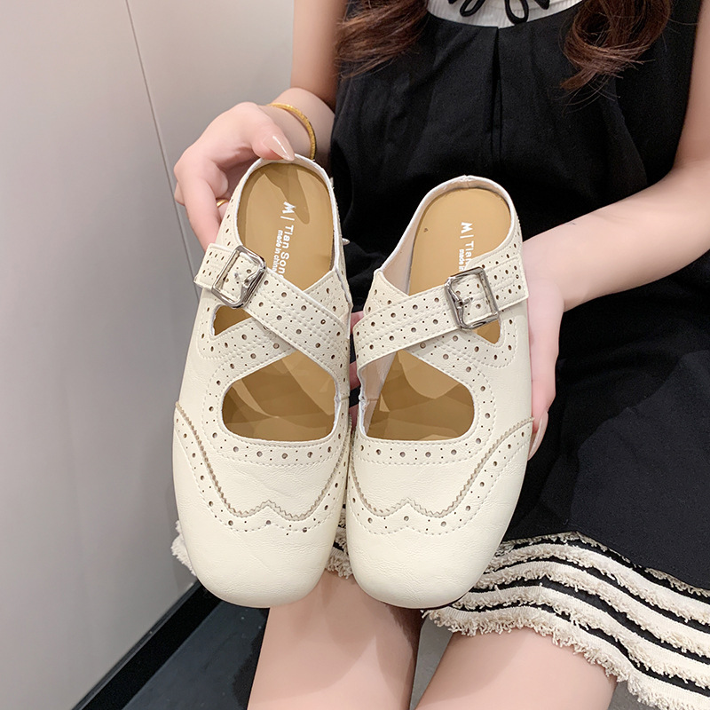 Genuine Leather Brogue Carved Mule Slippers for Women 2026 Summer New Style Flat Cross-Strap Slip-On Closed-Toe Half Slippers