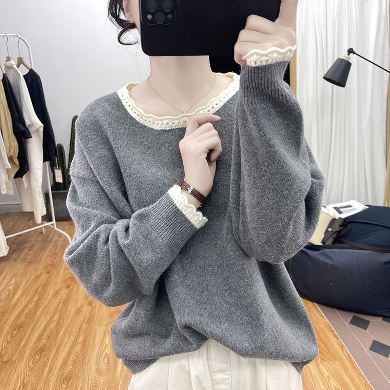 秋冬花边领加厚拼色针织衫女减龄宽松上衣2025新款圆领打底衫毛衣
