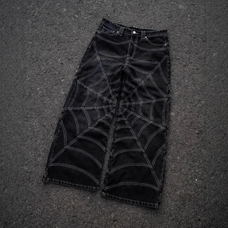 Elixir Harajuku Hip-Hop Trend Spider Web Patchwork Jeans for Men and Women Y2K European and American Trend Dark Cross-Border