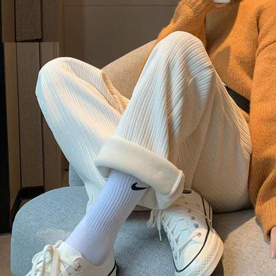 加绒加厚雪尼尔阔腿裤女秋冬2022新款宽松高腰白色直筒灯芯绒裤子|ms