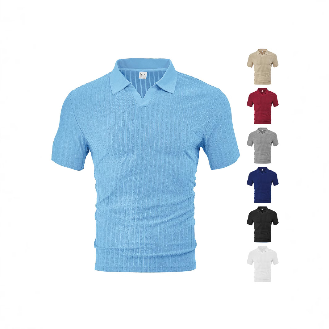 Chemise rayée d'été pour homme, style européen et américain, en tissu jacquard respirant et décontracté, col rabattu, col rabattu._voghion.com